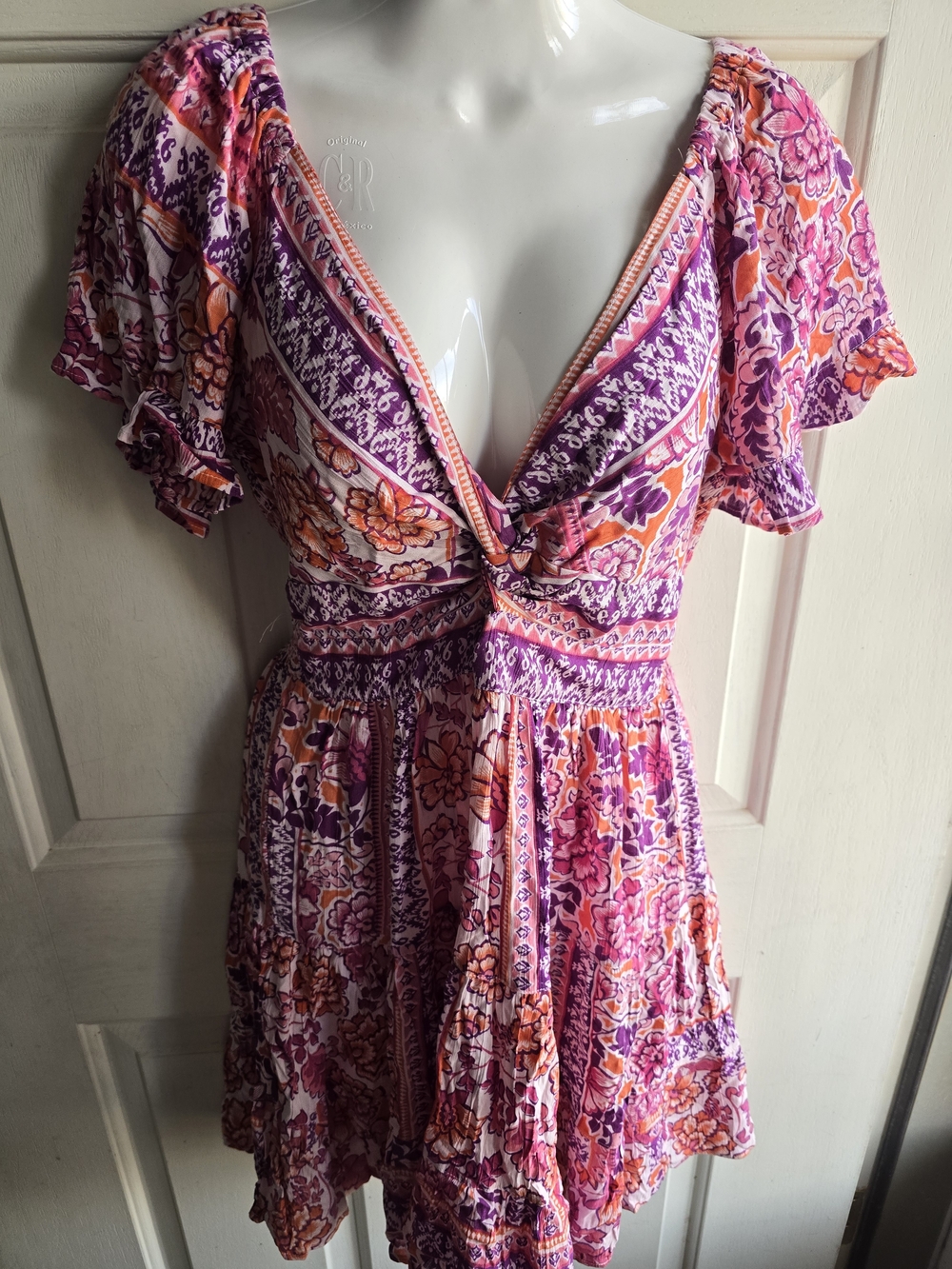 Angie Smocked Pink & Purple Floral V-Neck Summer Dress